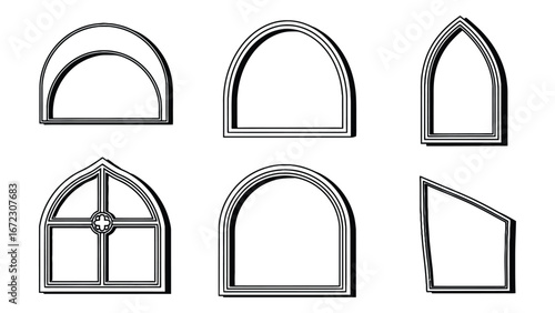 A diverse assortment of architectural window and arch outlines, showcasing various classic and contemporary design elements for building and graphic projects