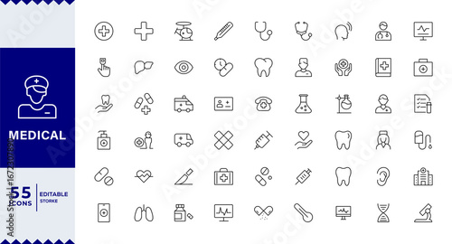 Pixel Perfect, Medical Line Editable Icons set. Vector illustration in modern thin line style of general medical icons: signs and symbols of medicine and pharmacology, hospital, doctor, tests, etc.