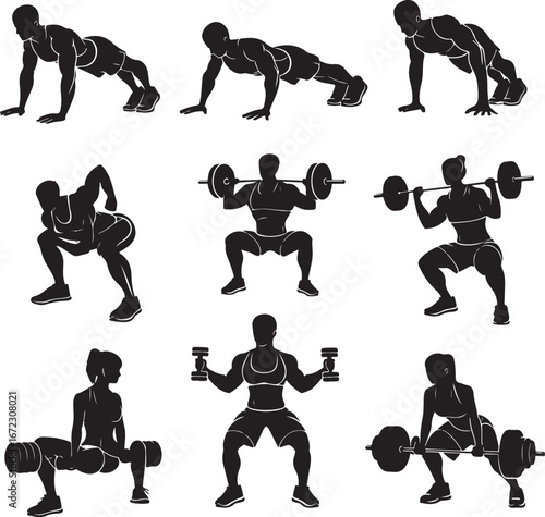 Fitness Workout Silhouettes, gym, exercise, stretching, training, dumbbells, fitness