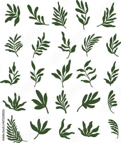 Hand Drawn Green Leaf Silhouettes Collection. Set of hand drawn botanical green leaf silhouettes. Perfect for nature design, eco projects, patterns, packaging, invitations, and digital art