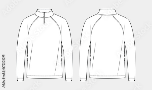 raglan long sleeve zipper up collar t-shirt flat sketch, front and back view technical fashion drawing, raglan tee vector illustration