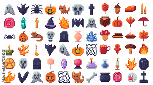 Pixel art halloween icon set for game. Cute ghost, pumpkin, skull, bat and cat in retro 8bit style. Scary cartoon witch with spooky background. Evil tombstone and candle decoration for autumn fun