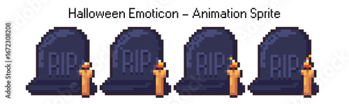 Pixel art tombstone for halloween game. Creepy gravestone with rip sign and candle in cemetery. Vintage 8bit burial stone. Dark graveyard funeral logo, scary sticker symbol for autumn season