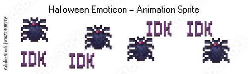 Pixel art spider monster icon for halloween game. Scary horror bug dont know. Retro 8bit arcade emote in spooky style. Dark insect silhouette with pixelart shading. Vintage sticker for autumn season