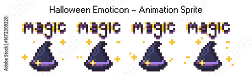 Pixel art witch hat icon for halloween game. Retro 8bit magician and sorcerer style 2d animation. Fantasy fairy charmer wizard magic set. Pixelart sparkle in sprite sheet for arcade video
