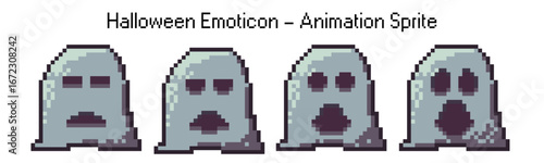 Ghost pixel art emoticon for halloween game. Cute 8bit monster icon with scared face and spooky spirit. Retro cartoon animation with surprised eyes. Pixelart avatar, digital decoration for undead day