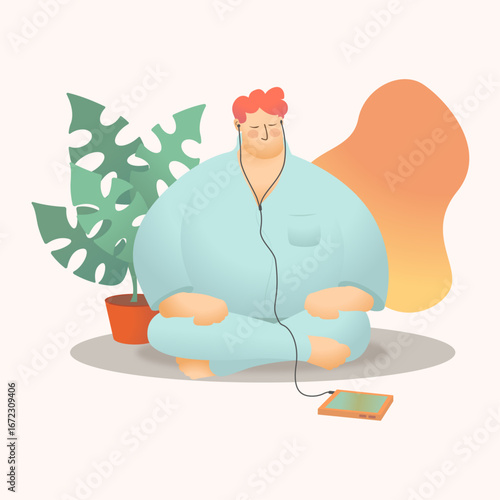 Guided Meditation Vector Illustration – Relaxed Man Listening to Audio