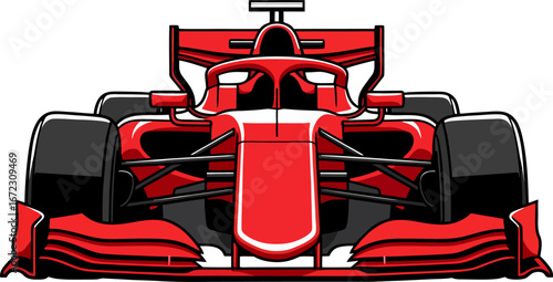 An exciting front view illustration of a sleek, modern red Formula 1 racing car, perfectly designed for high-speed competition on the track.