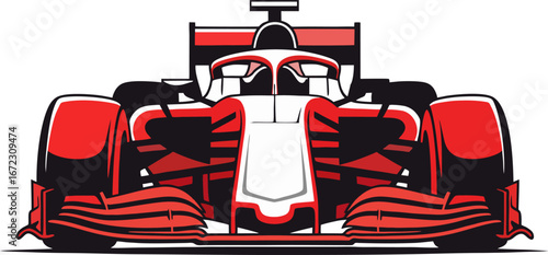 A dynamic vector illustration captures the sleek, aerodynamic design of a modern red and white Formula 1 race car, ready for high-speed competition.