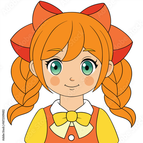 Cute cartoon girl with orange hair braids bows and big green eyes