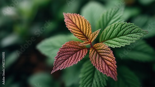 Close-up of vibrant leaves showcasing a gradient of colors in a lush green environment, ideal for nature and botanical themes.