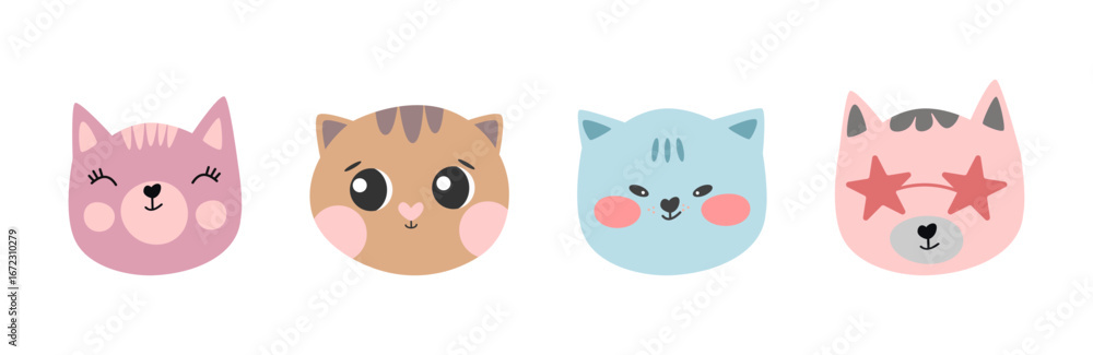 Fototapeta premium Set of four cute pastel cartoon cat faces – playful feline illustrations with different expressions and accessories, perfect for children’s products and nursery decor.