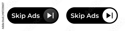 Two black oval buttons feature white play icons. the text skip ads is in bold on each button.