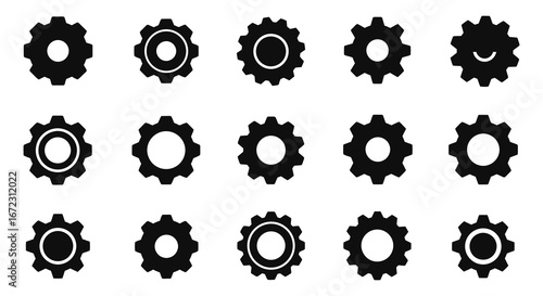 Collection of black gear icons in various styles and designs on white background