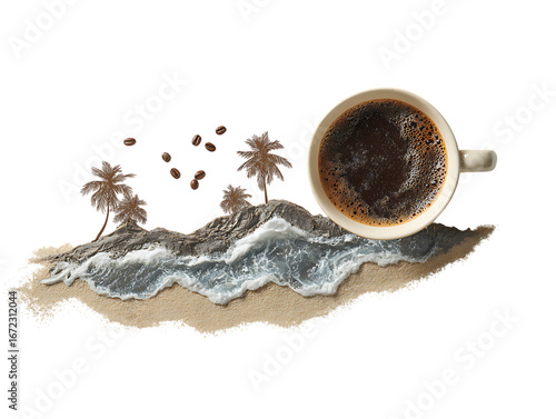 Hot coffee cup on beach morning