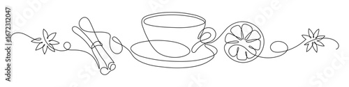 Cup of tea with spices. Spiked hot chocolate. Continuous line drawing.