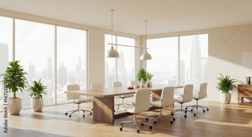 Fototapeta premium Modern Conference Room with City View and Natural Light Ideal for Business Meetings and Collaboration