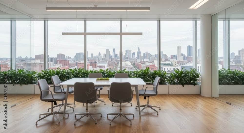 Fototapeta premium Modern Office Meeting Room with Panoramic Cityscape Views and Lush Greenery