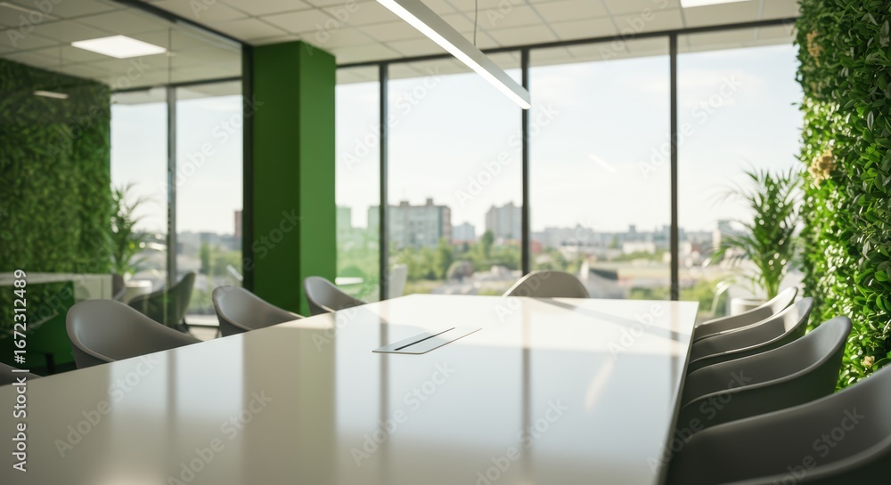Fototapeta premium Modern Conference Room With Natural Light and Lush Greenery Inspiring Productive Meetings
