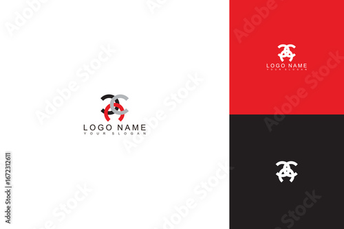 Modern Abstract Logo Design with Overlapping Shapes in Red Black and White.