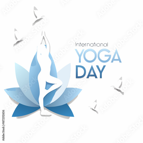 International yoga day celebration with a woman in tree pose and lotus flower