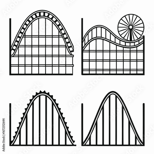 Set of four roller coaster track icons. Amusement park thrill ride vector illustrations isolated on white background.

