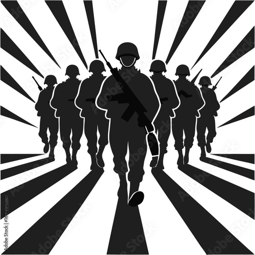 Group of armed soldiers marching forward in silhouette. Military army squad vector graphic for patriotic or combat concept.


