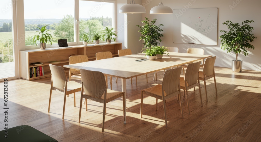 Fototapeta premium Modern Office Meeting Room Filled With Natural Light and Green Plants Creating a Productive and Welcoming Environment