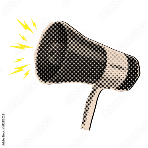 Retro halftone old megaphone with yellow lightnings,trendy collage cut out element