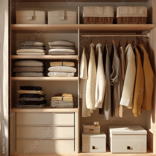 깔끔하게 정리된 미니멀 옷장 수납