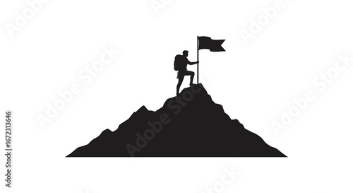 Man standing on mountain peak with flag in hand feeling triumphant and victorious