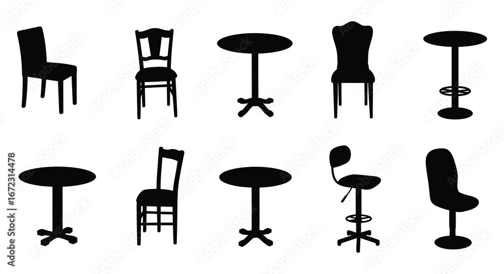 © nhpvect02 - A collection of various chair and table silhouettes in different styles and shapes