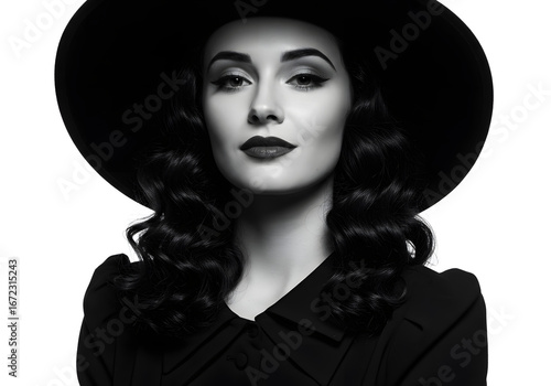 Elegant woman in vintage attire poses confidently, wearing a large brimmed hat, with a striking gaze.