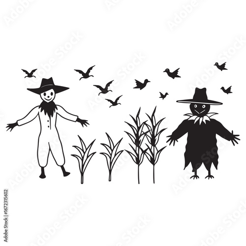 Scarecrows in a Cornfield with Birds