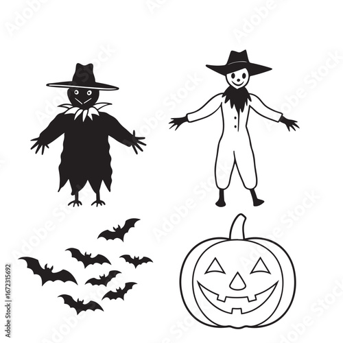 Spooky Halloween Scarecrows, Bats and Jack o' Lantern, Black and White Clipart
