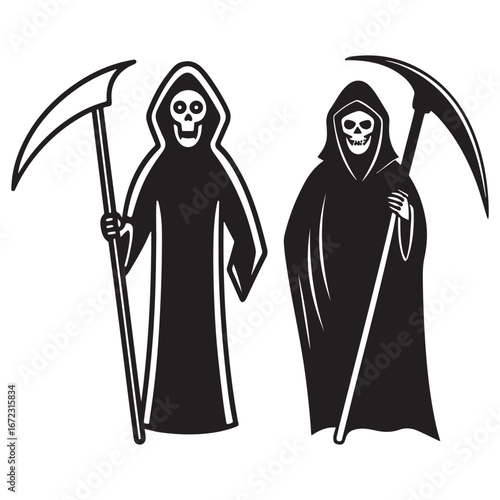 Grim Reaper Duo Cloaked Figures with Scythes