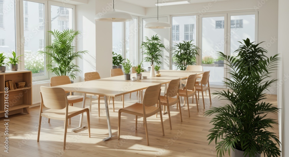 Fototapeta premium Bright Modern Office Meeting Room Filled with Natural Light and Lush Green Plants Promoting a Productive Workspace Environment