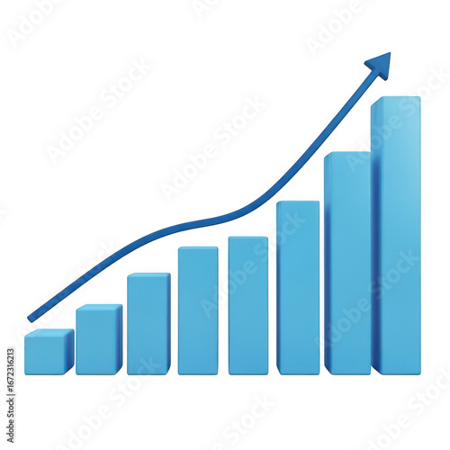 Blue 3d bar chart with upward trend line isolated on transparent background