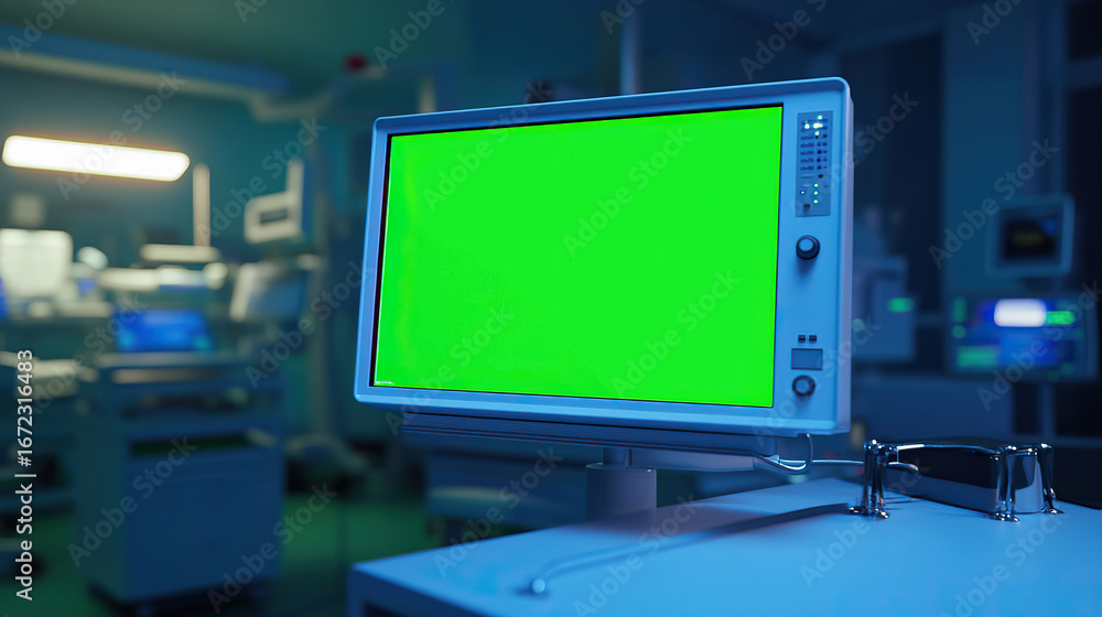 Naklejka premium Ultra-realistic photo of hospital medical monitor with green screen data display