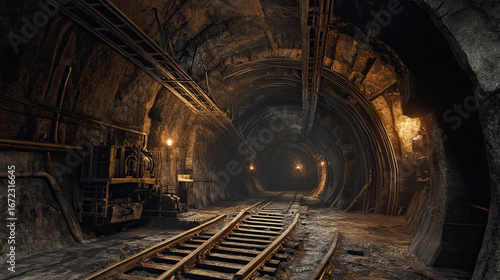 Underground mining tunnel with support beams and track system