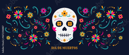 Dia de Muertos, the Mexican Day of the Dead festival, features sugar skull and calaca art with vibrant flowers. A cultural vector banner from Mexico honoring death, rooted in Ispanica, Ispaniche.