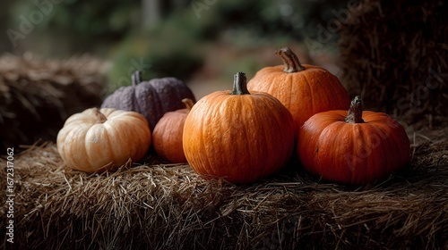 Vibrant pumpkins on a hay bale in the countryside