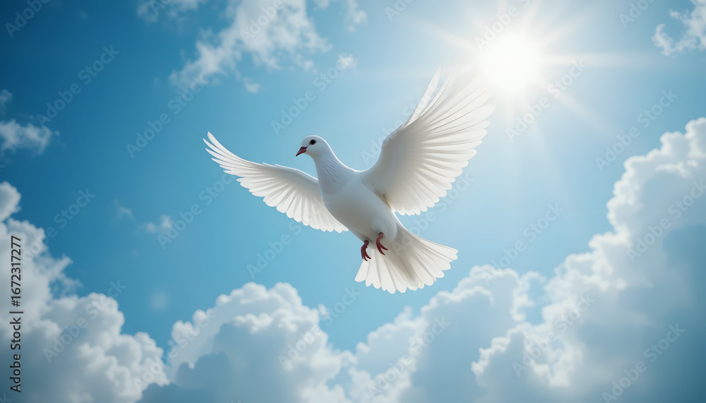 Fototapeta premium White dove flying in the blue sky symbol of peace and freedom