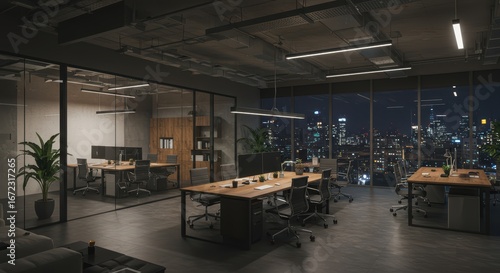 Modern Executive Office Space With Panoramic City Views At Night