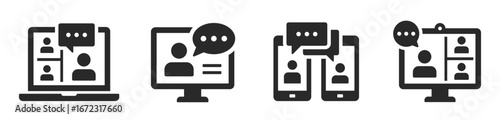 Online conference icon set. Video meeting, interview, digital communication, webinar, device screen, seminar - stock vector.