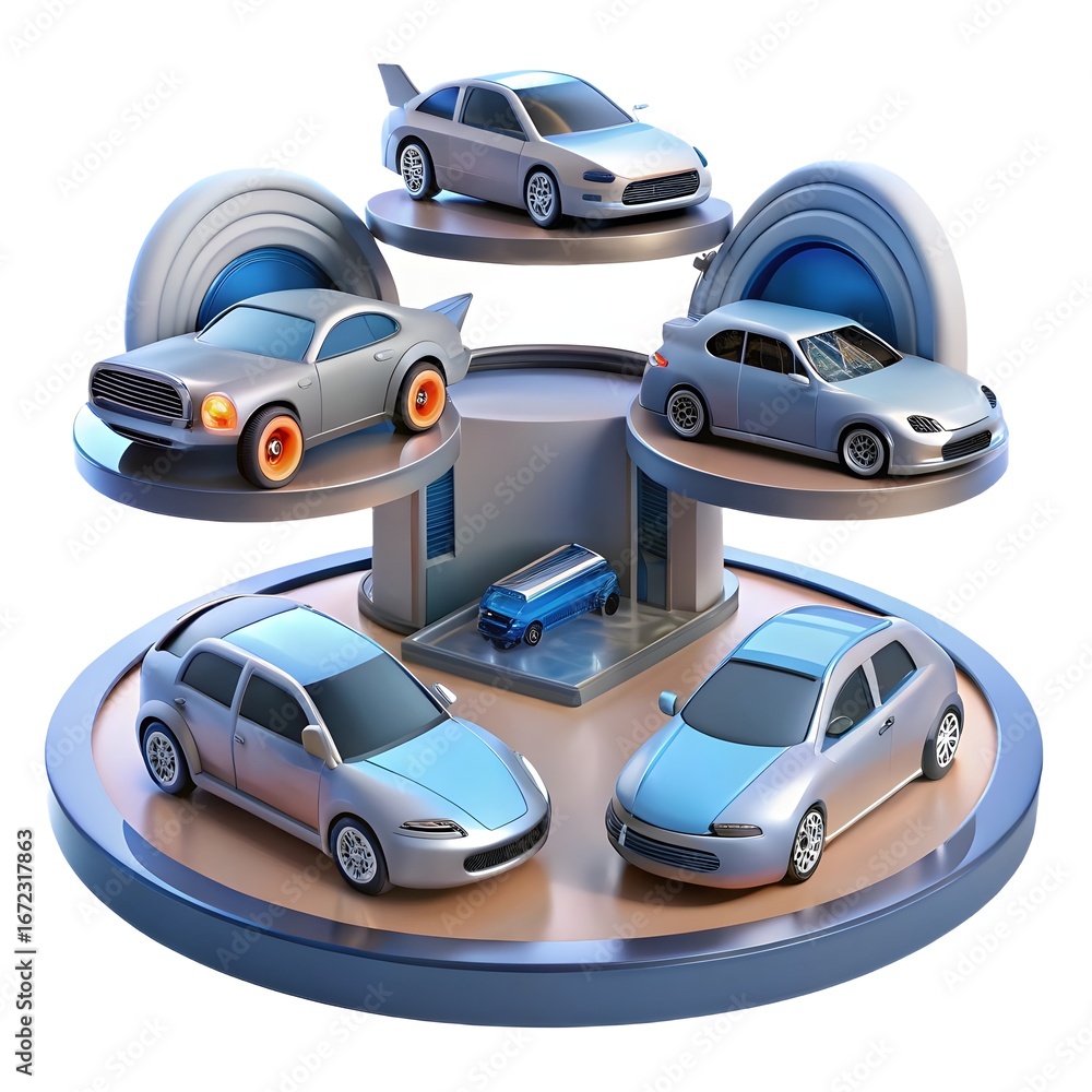 Obraz premium Collection of miniature realistic model cars displayed on a multi-level rotating stand for enthusiasts