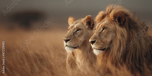 Majestic lions rest together in the golden grasslands at sunset in Africa