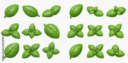 Collection of 3D rendered basil leaves in various arrangements and orientations.