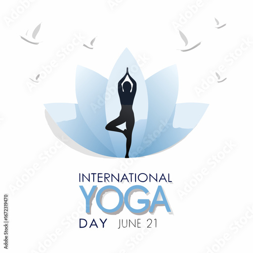 International yoga day silhouette of woman in tree pose with lotus flower and birds