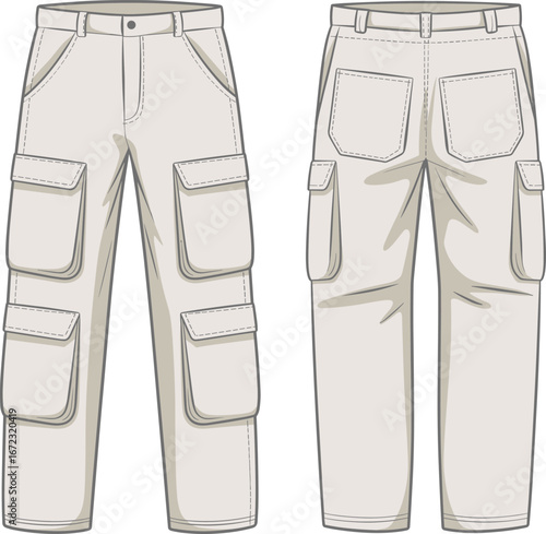 Light color cargo pants front and back view detailed fashion vector with multiple pockets, belt loops, stitching, apparel design illustration